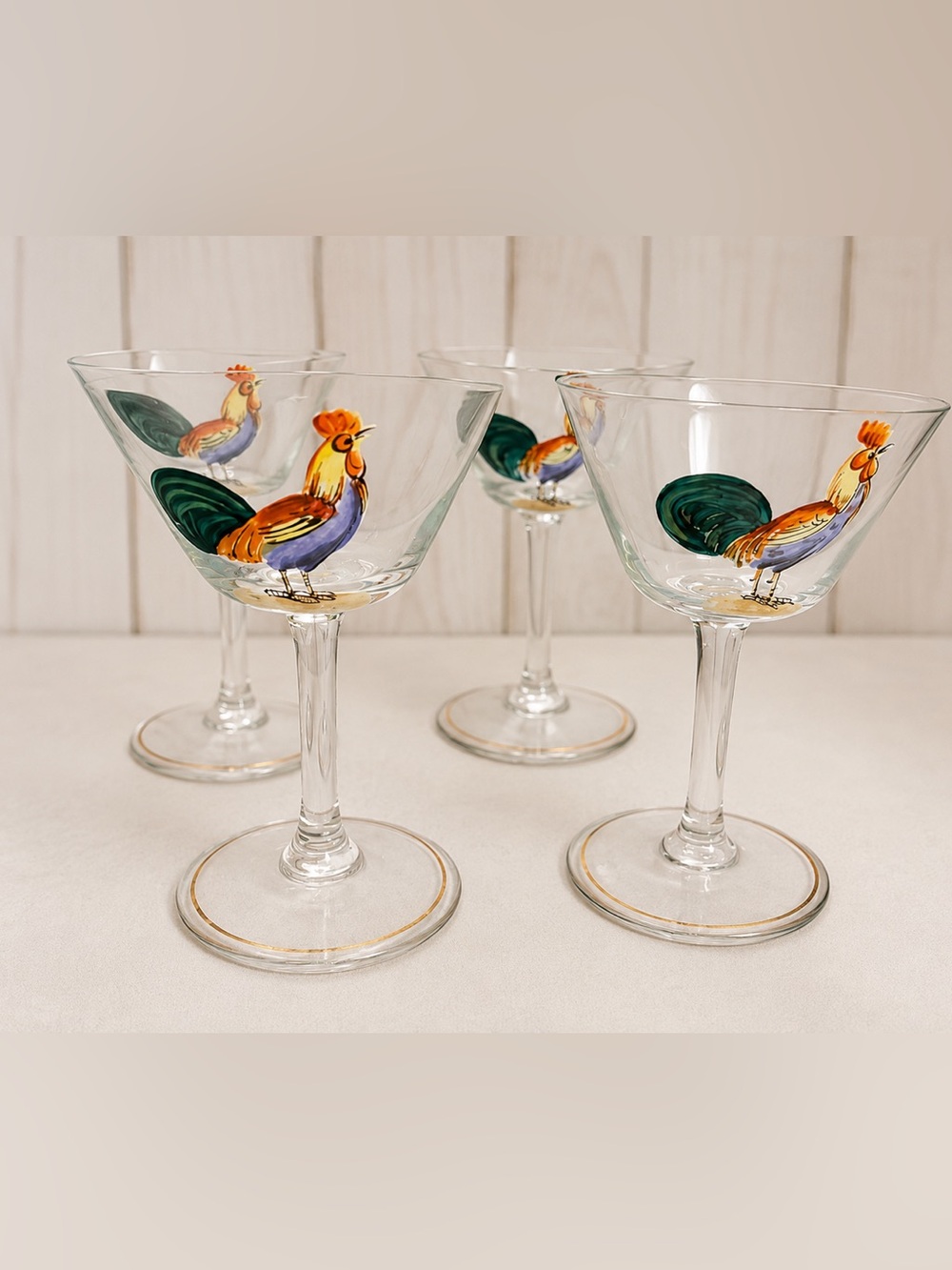 Hand-Painted Rooster Cocktail Glasses - Set of 4